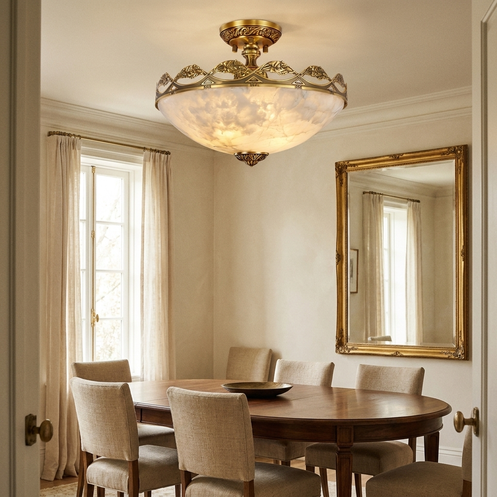 Basset carved alabaster semi flush ceiling light in a warm neutral interior