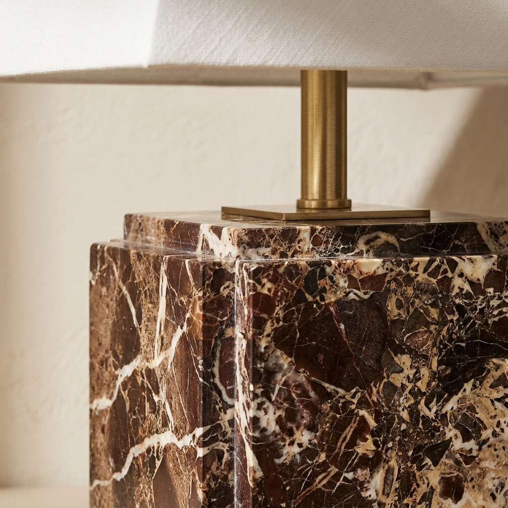 Fatima stepped marble table lamp with linen shade in a warm neutral interior