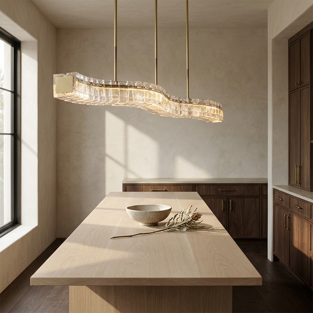 Aspen rippled cast glass linear chandelier in a warm neutral interior