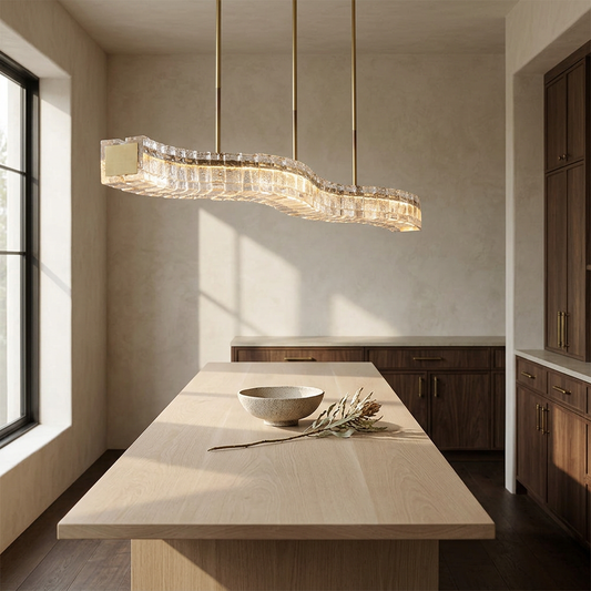Aspen rippled cast glass linear chandelier in a warm neutral interior
