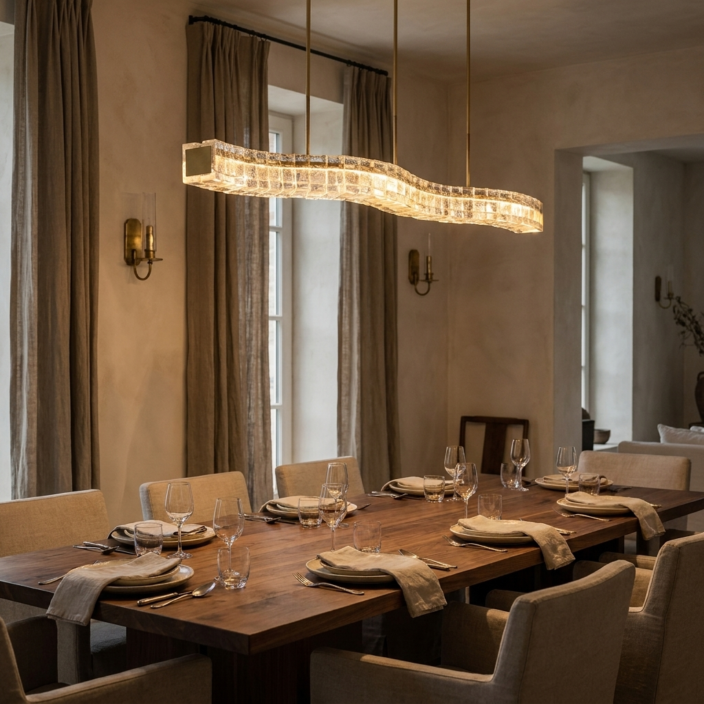 Aspen rippled cast glass linear chandelier in a warm neutral interior