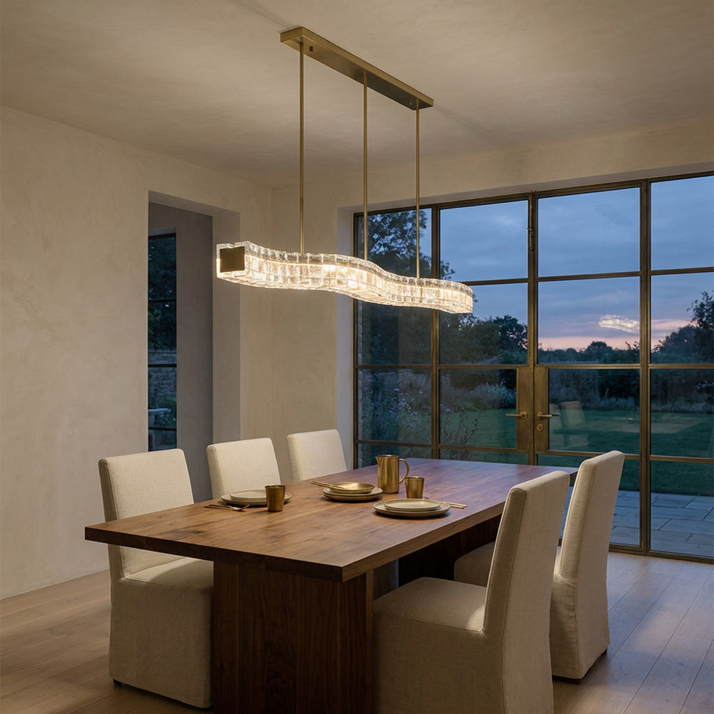Aspen rippled cast glass linear chandelier in a warm neutral interior