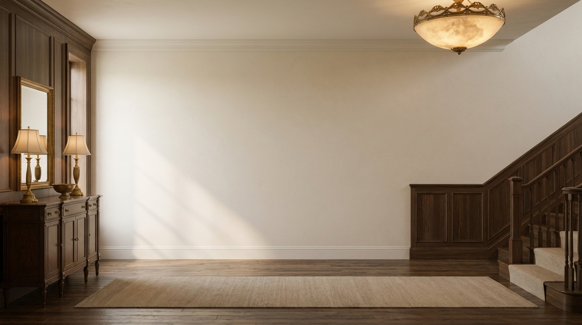 Entry hall with walnut millwork and an alabaster ceiling fixture in soft morning light