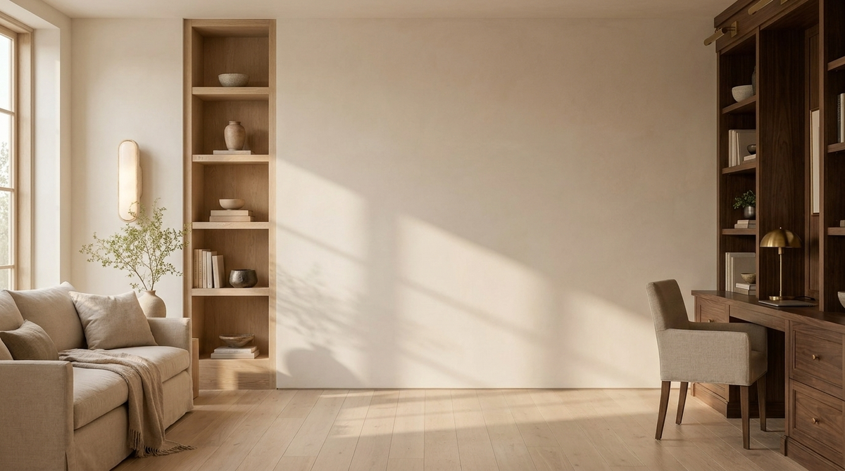 Warm neutral living room with plaster walls, oak shelving and a glowing alabaster wall light