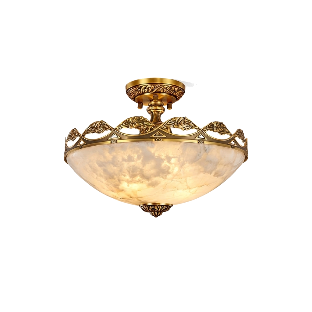 Basset carved alabaster semi flush ceiling light on a white background
