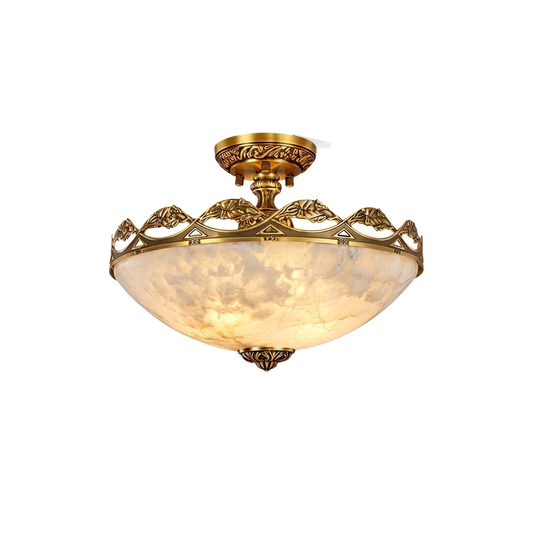 Basset carved alabaster semi flush ceiling light on a white background