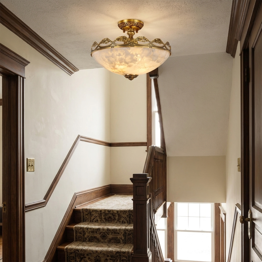 Basset carved alabaster semi flush ceiling light in a warm neutral interior