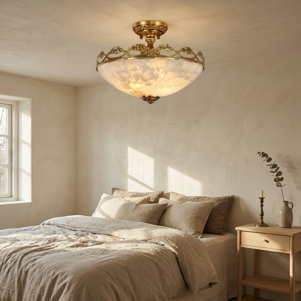 Basset carved alabaster semi flush ceiling light in a warm neutral interior
