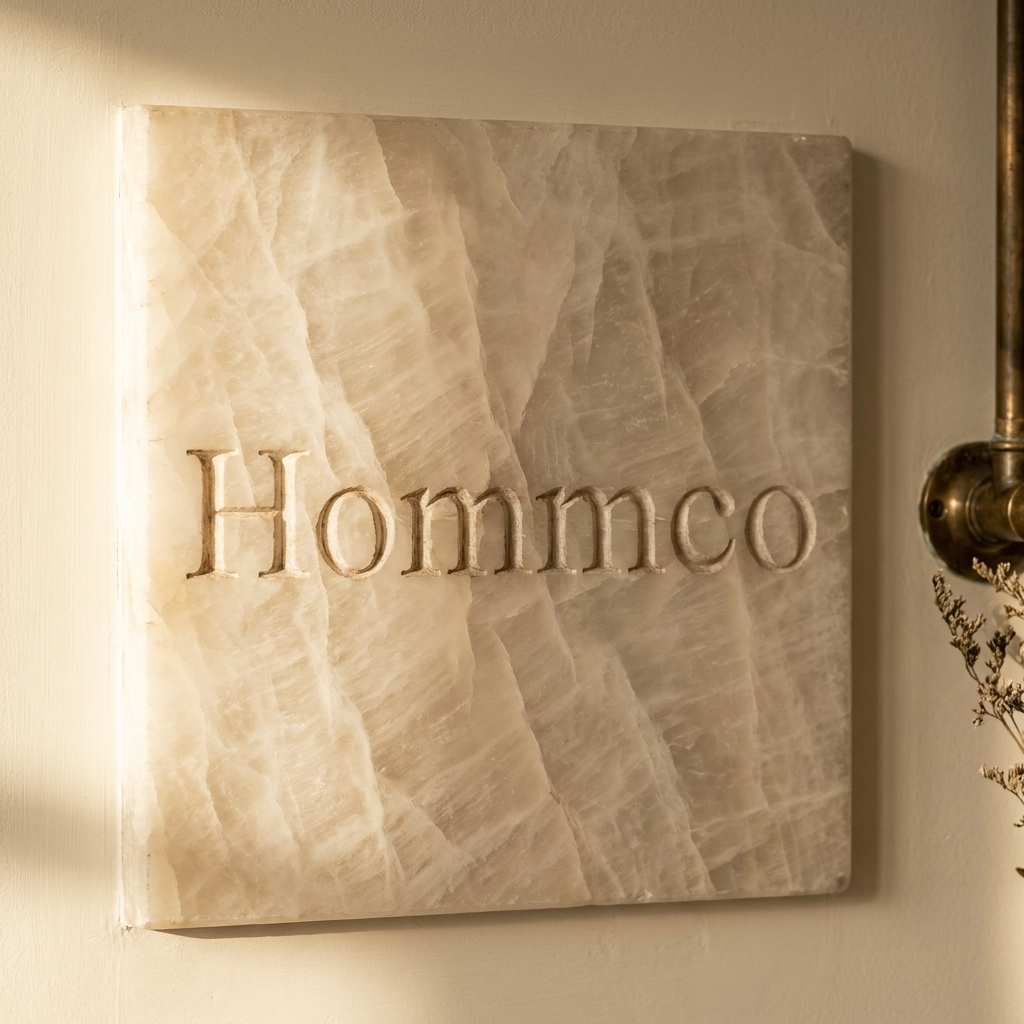 Hommco carved into a pale alabaster stone panel on a plaster wall