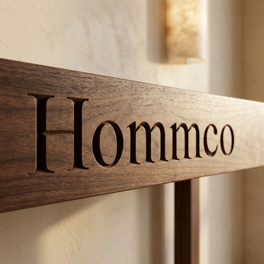 Hommco engraved into the walnut edge of a console table