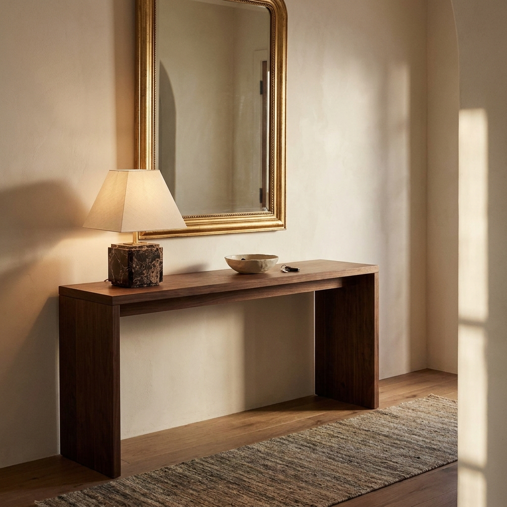 Fatima stepped marble table lamp with linen shade in a warm neutral interior
