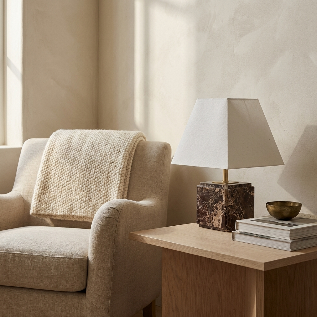 Fatima stepped marble table lamp with linen shade in a warm neutral interior