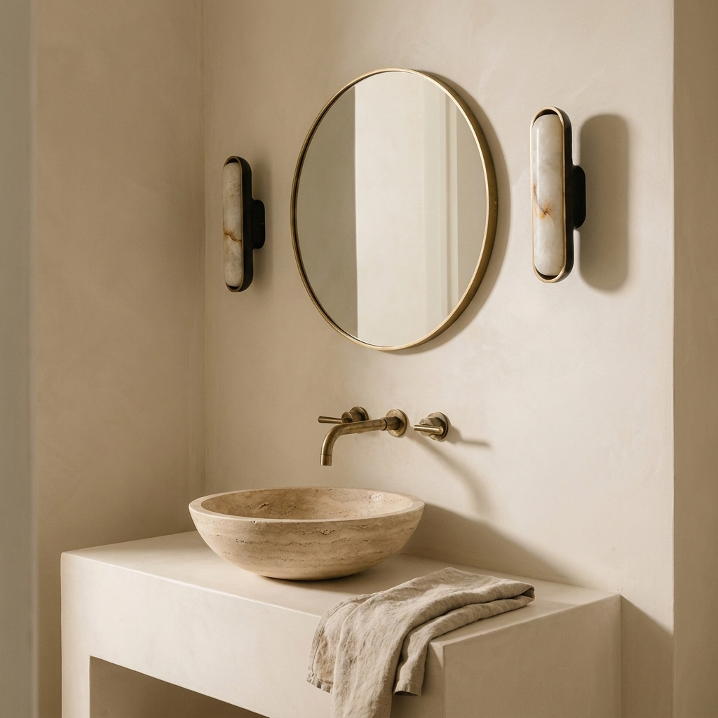Sirona stone capsule wall light with brass bezel in a warm neutral interior
