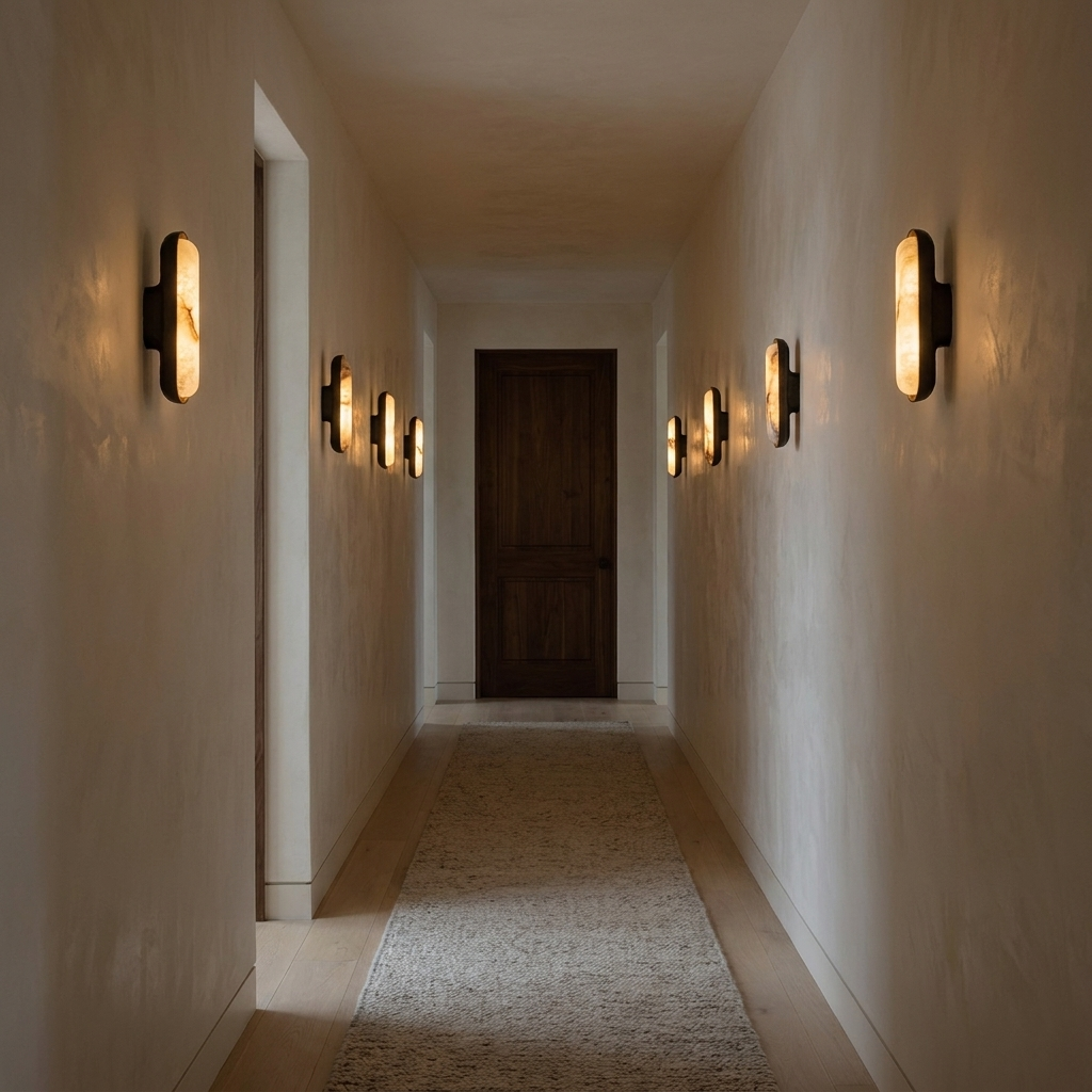 Sirona stone capsule wall light with brass bezel in a warm neutral interior