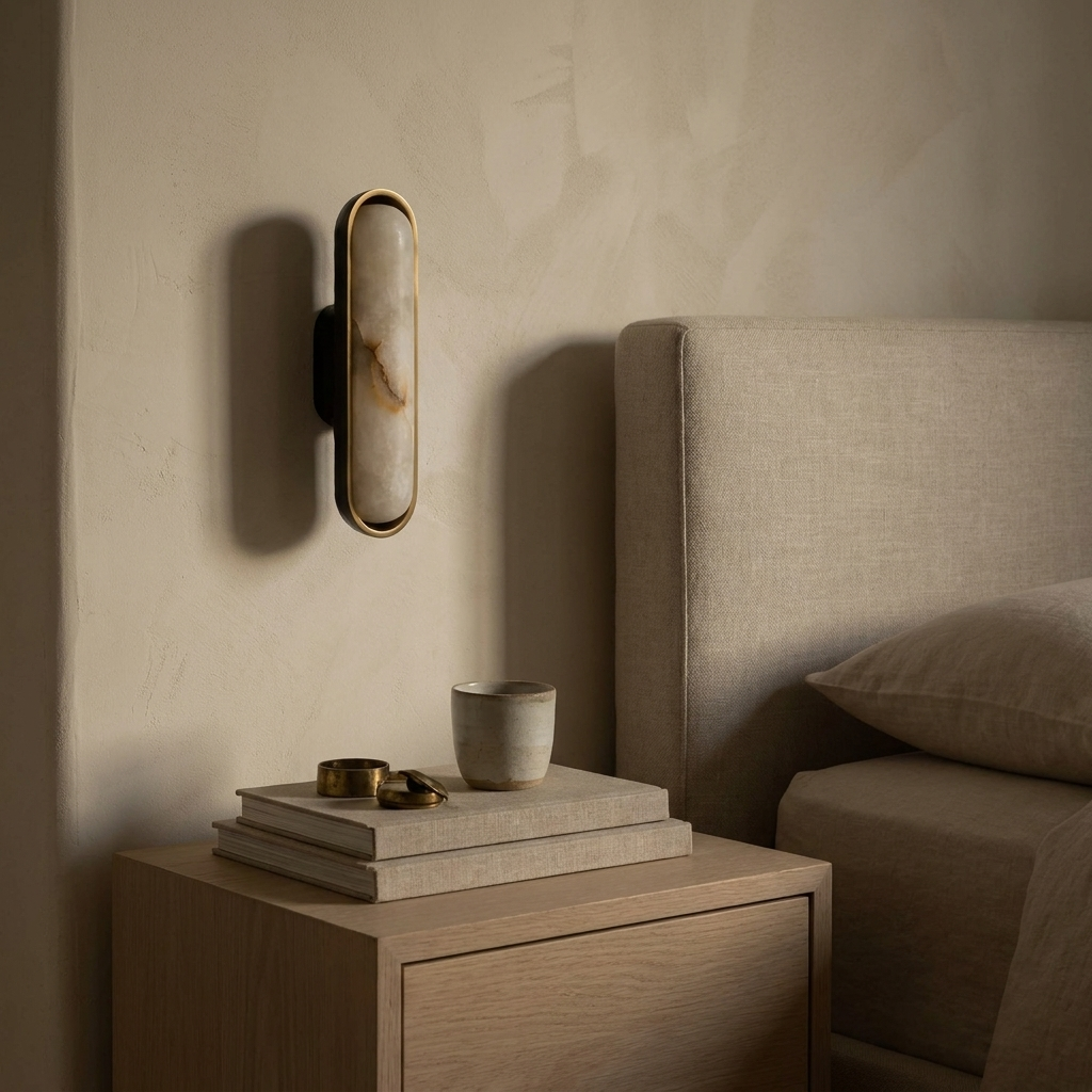Sirona stone capsule wall light with brass bezel in a warm neutral interior