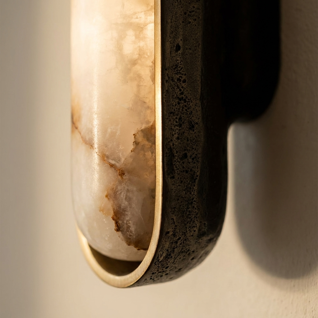 Sirona stone capsule wall light with brass bezel in a warm neutral interior