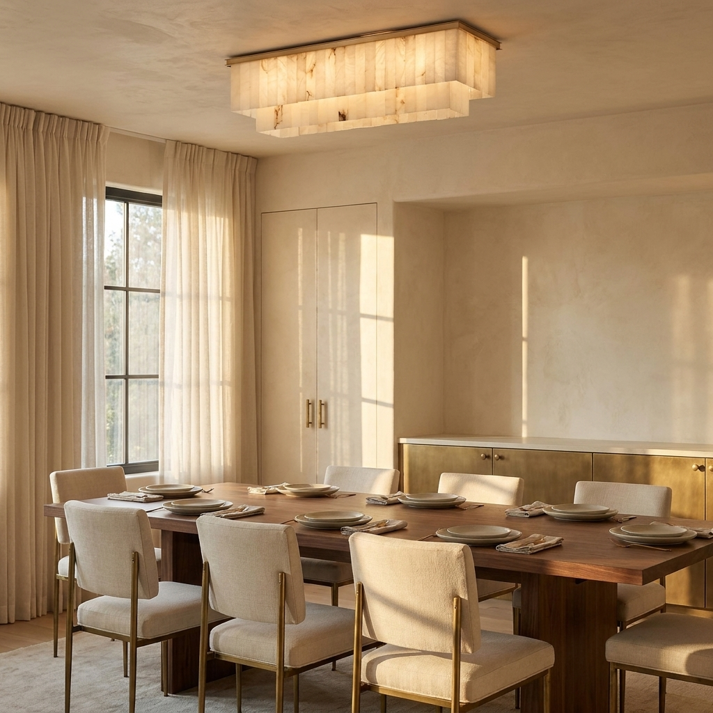 Windham linear alabaster semi flush ceiling light in a warm neutral interior