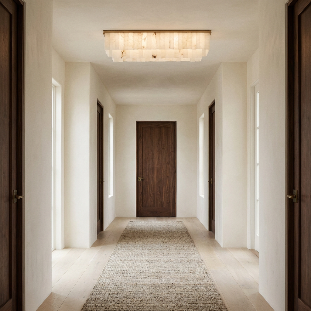 Windham linear alabaster semi flush ceiling light in a warm neutral interior